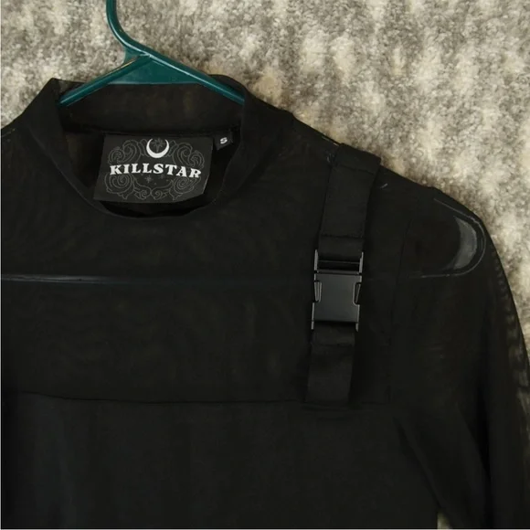 Killstar Half Mesh With Buckle Cross Left Shoulder Top Round Neck Womens S Black - Picture 7 of 13
